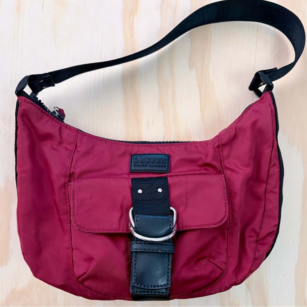 Lauren Ralph Lauren Red Nylon Shoulder Bag Y2K Buckle Hobo Baguette